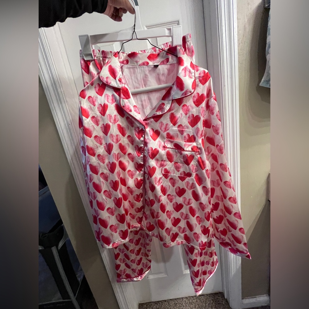 Red and white satin heart long sleeve and pants pajamas set